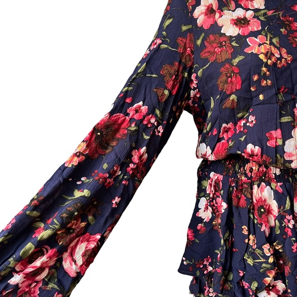 NWT, BluIvy Navy Floral Tiered Ruffle Hem Cinch Waist Dress, sz S - Picture 10 of 12